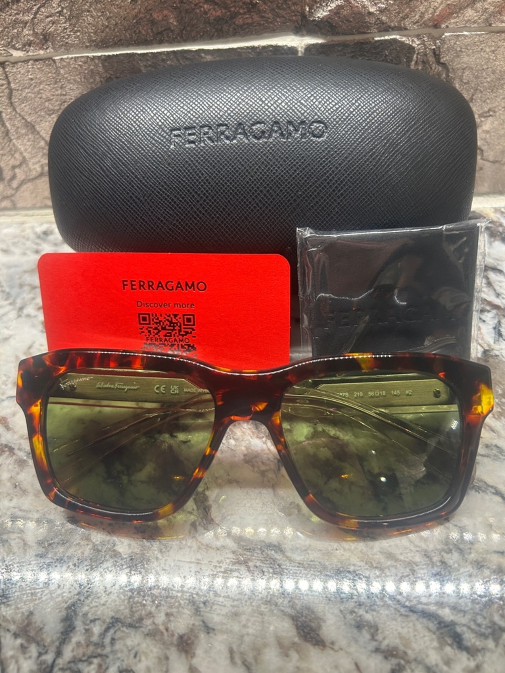 Salvatore Ferragamo Tortoiseshell Frame Sunglasses with Green Lenses NEW